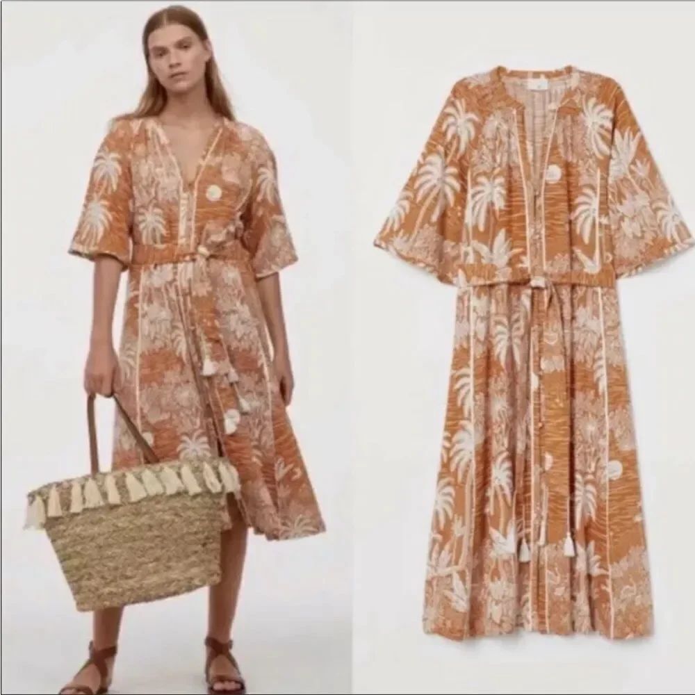 DESMOND & DEMPSEY x H&M | Landscape Caftan Midi Dress Belted Women’s Size Large